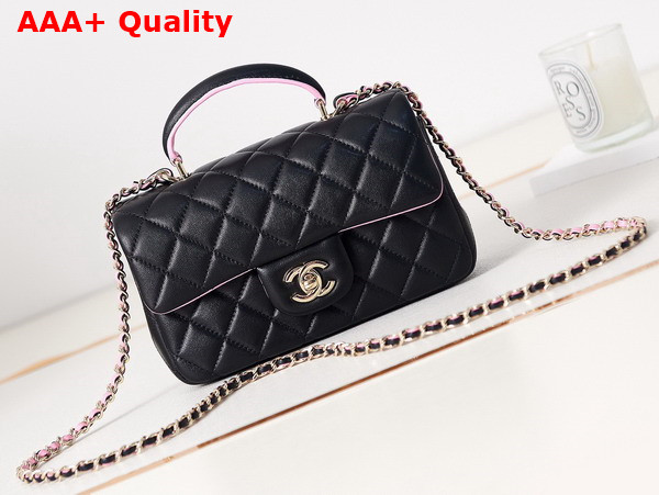 Chanel Mini Flap Bag with Top Handle Lambskin Gold Tone Metal Black and Pink AS2431 Replica