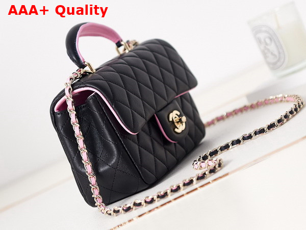 Chanel Mini Flap Bag with Top Handle Lambskin Gold Tone Metal Black and Pink AS2431 Replica