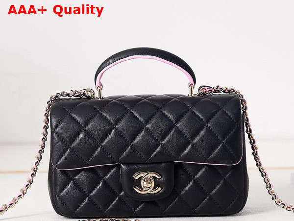 Chanel Mini Flap Bag with Top Handle Lambskin Gold Tone Metal Black and Pink AS2431 Replica