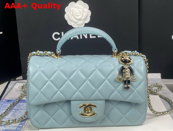 Chanel Mini Flap Bag with Top Handle Lambskin Gold Tone Metal Light Blue Ref AS2431 Replica