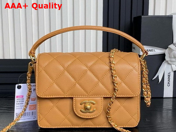 Chanel Mini Flap Bag with Top Handle Light Brown Grained Shiny Calfskin Gold Tone Metal AS5165 Replica