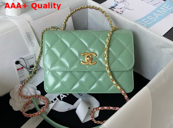 Chanel Mini Flap Bag with Top Handle Light Green Shiny Calfskin and Gold Tone Metal AS3886 Replica