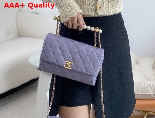 Chanel Mini Flap Bag with Top Handle Light Purple Shiny Lambskin Imitation Pearls Gold Tone Metal AS5001 Replica