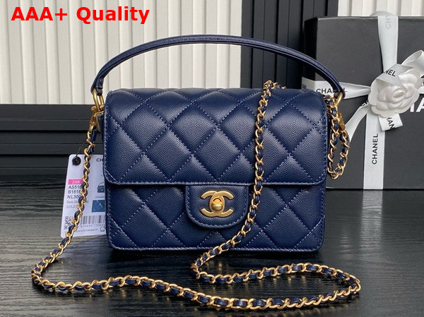 Chanel Mini Flap Bag with Top Handle Navy Blue Grained Shiny Calfskin Gold Tone Metal AS5165 Replica