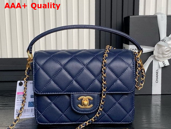 Chanel Mini Flap Bag with Top Handle Navy Blue Grained Shiny Calfskin Gold Tone Metal AS5165 Replica