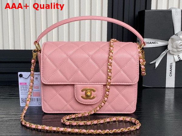 Chanel Mini Flap Bag with Top Handle Pink Grained Shiny Calfskin Gold Tone Metal AS5165 Replica