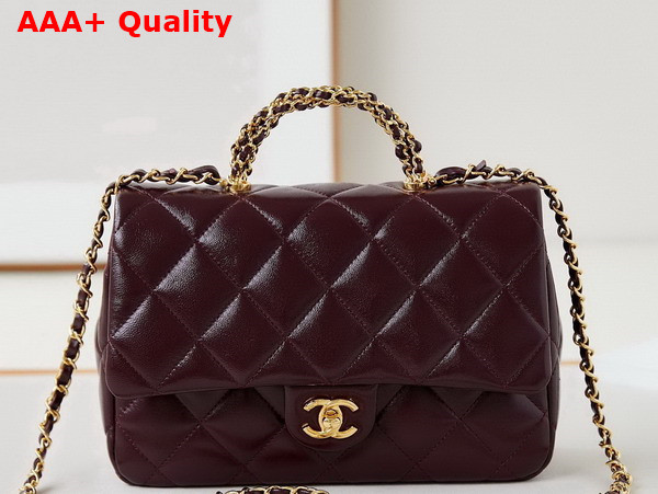 Chanel Mini Flap Bag with Top Handle Shiny Lambskin Gold Tone Metal Burgundy AS5043 Replica