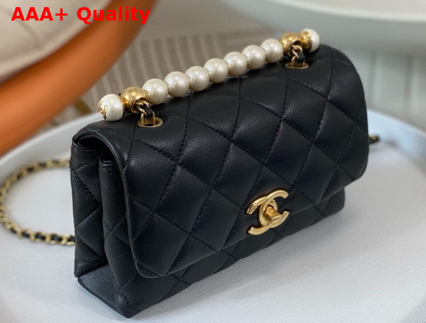 Chanel Mini Flap Bag with Top Handle Shiny Lambskin Imitation Pearls Gold Tone Metal Black AS5001 Replica