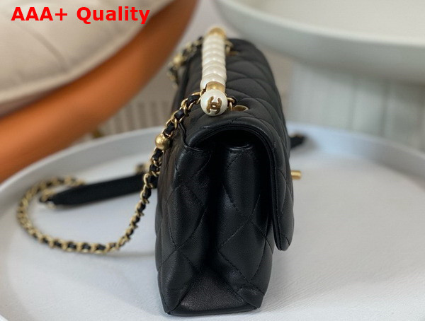 Chanel Mini Flap Bag with Top Handle Shiny Lambskin Imitation Pearls Gold Tone Metal Black AS5001 Replica