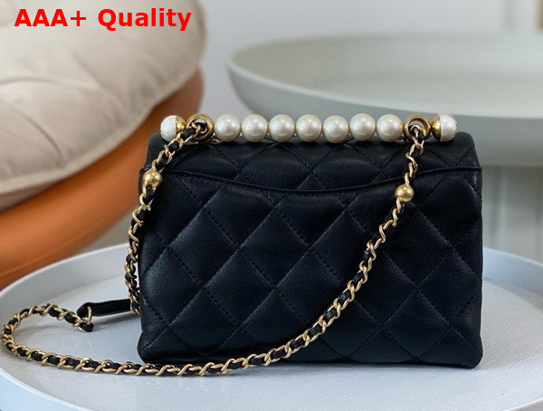 Chanel Mini Flap Bag with Top Handle Shiny Lambskin Imitation Pearls Gold Tone Metal Black AS5001 Replica