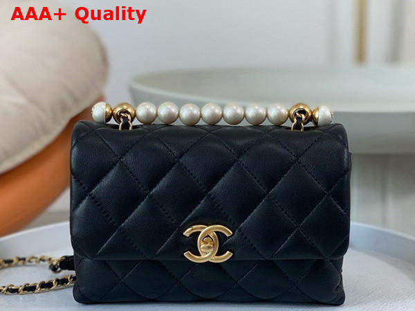 Chanel Mini Flap Bag with Top Handle Shiny Lambskin Imitation Pearls Gold Tone Metal Black AS5001 Replica