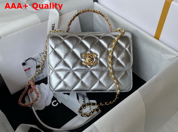 Chanel Mini Flap Bag with Top Handle Silver Metallic Lambskin and Gold Tone Metal AS3886 Replica