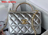 Chanel Mini Flap Bag with Top Handle Silver Metallic Lambskin and Gold Tone Metal AS3886 Replica