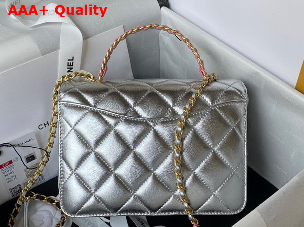 Chanel Mini Flap Bag with Top Handle Silver Metallic Lambskin and Gold Tone Metal AS3886 Replica