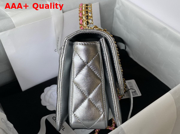 Chanel Mini Flap Bag with Top Handle Silver Metallic Lambskin and Gold Tone Metal AS3886 Replica