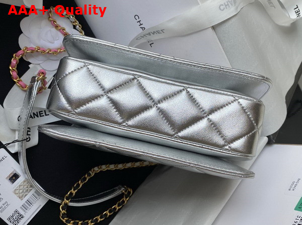 Chanel Mini Flap Bag with Top Handle Silver Metallic Lambskin and Gold Tone Metal AS3886 Replica