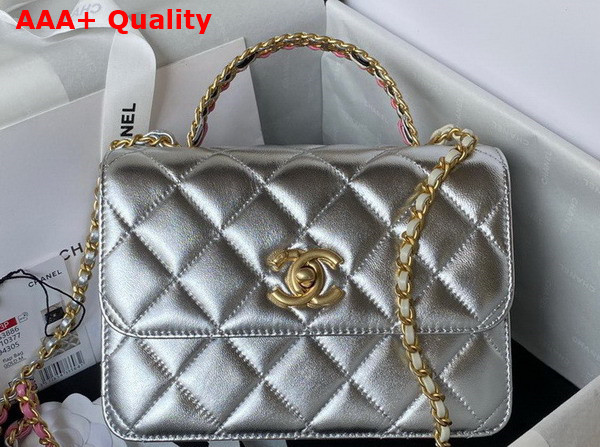 Chanel Mini Flap Bag with Top Handle Silver Metallic Lambskin and Gold Tone Metal AS3886 Replica