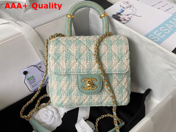 Chanel Mini Flap Bag with Top Handle Tweed Lambskin Gold Tone Metal Light Blue and Ecru AS4035 Replica