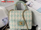 Chanel Mini Flap Bag with Top Handle Tweed Lambskin Gold Tone Metal Light Blue and Ecru AS4035 Replica