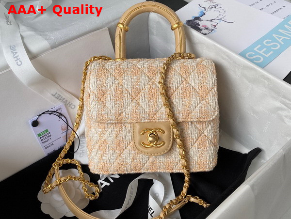 Chanel Mini Flap Bag with Top Handle Tweed Lambskin Gold Tone Metal Orange and Ecru AS4035 Replica