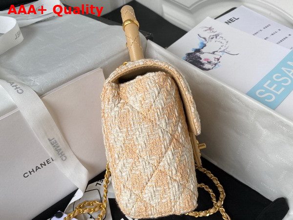 Chanel Mini Flap Bag with Top Handle Tweed Lambskin Gold Tone Metal Orange and Ecru AS4035 Replica