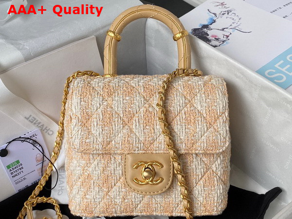 Chanel Mini Flap Bag with Top Handle Tweed Lambskin Gold Tone Metal Orange and Ecru AS4035 Replica