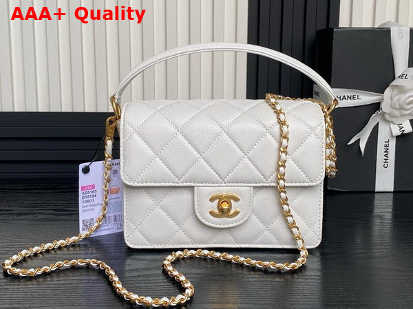 Chanel Mini Flap Bag with Top Handle White Grained Shiny Calfskin Gold Tone Metal AS5165 Replica