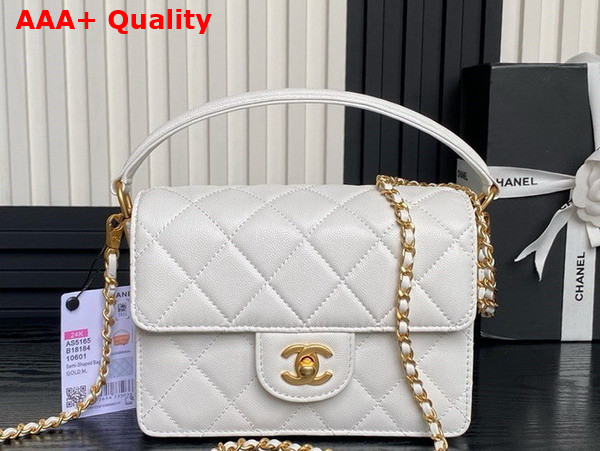 Chanel Mini Flap Bag with Top Handle White Grained Shiny Calfskin Gold Tone Metal AS5165 Replica