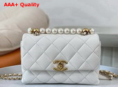 Chanel Mini Flap Bag with Top Handle White Shiny Lambskin Imitation Pearls Gold Tone Metal AS5001 Replica