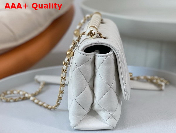 Chanel Mini Flap Bag with Top Handle White Shiny Lambskin Imitation Pearls Gold Tone Metal AS5001 Replica