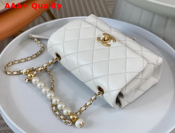 Chanel Mini Flap Bag with Top Handle White Shiny Lambskin Imitation Pearls Gold Tone Metal AS5001 Replica