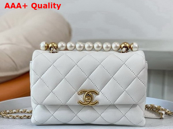 Chanel Mini Flap Bag with Top Handle White Shiny Lambskin Imitation Pearls Gold Tone Metal AS5001 Replica