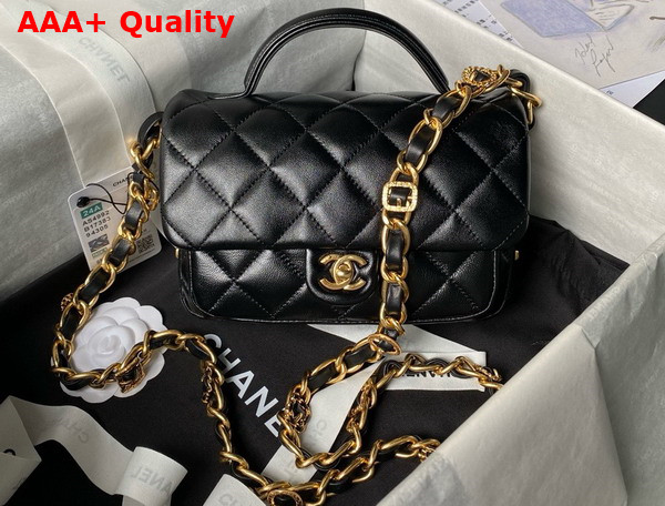 Chanel Mini Flap Bag with Top Handle in Black Shiny Lambskin Gold Tone Metal AS4992 Replica