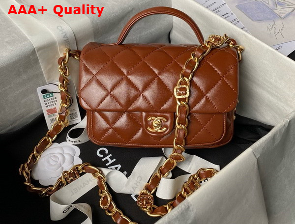 Chanel Mini Flap Bag with Top Handle in Brown Shiny Lambskin Gold Tone Metal AS4992 Replica