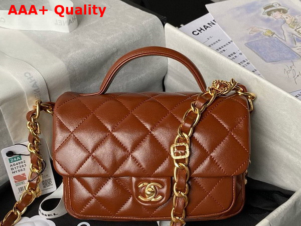 Chanel Mini Flap Bag with Top Handle in Brown Shiny Lambskin Gold Tone Metal AS4992 Replica