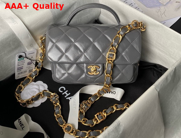 Chanel Mini Flap Bag with Top Handle in Gray Shiny Lambskin Gold Tone Metal AS4992 Replica