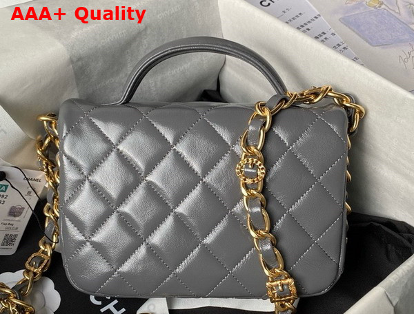 Chanel Mini Flap Bag with Top Handle in Gray Shiny Lambskin Gold Tone Metal AS4992 Replica