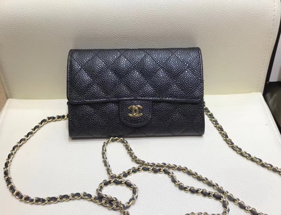 Chanel Mini Flap Wallet On Chain Black Grained Calfskin Gold Hardware