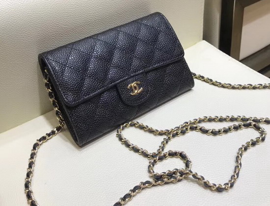 Chanel Mini Flap Wallet On Chain Black Grained Calfskin Gold Hardware