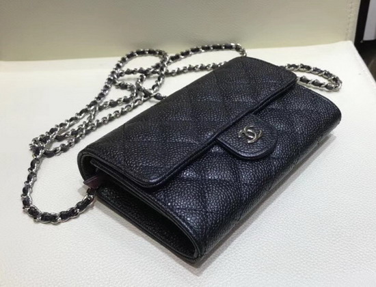 Chanel Mini Flap Wallet On Chain Black Grained Calfskin Silver Hardware