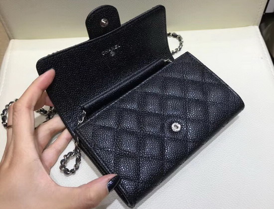 Chanel Mini Flap Wallet On Chain Black Grained Calfskin Silver Hardware