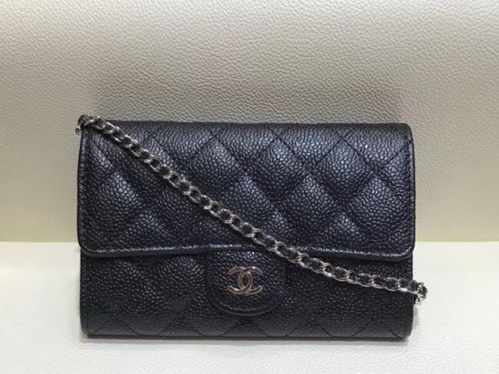 Chanel Mini Flap Wallet On Chain Black Grained Calfskin Silver Hardware