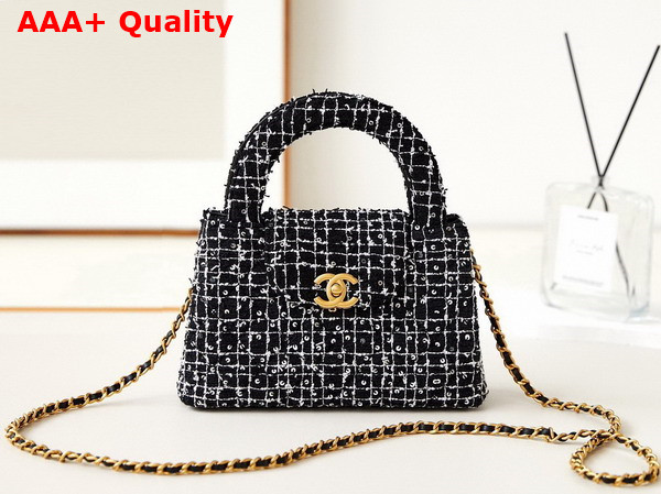 Chanel Mini Shopping Bag Sequin Embroidered Tweed Gold Tone Metal Black White and Silver Ref AS4416 Replica