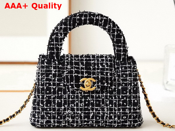 Chanel Mini Shopping Bag Sequin Embroidered Tweed Gold Tone Metal Black White and Silver Ref AS4416 Replica