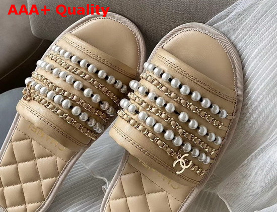 Chanel Mules Beige Lambskin and Pearls Replica