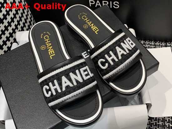 Chanel Mules Black Lambskin and Embroideries Black and White G36557 Replica