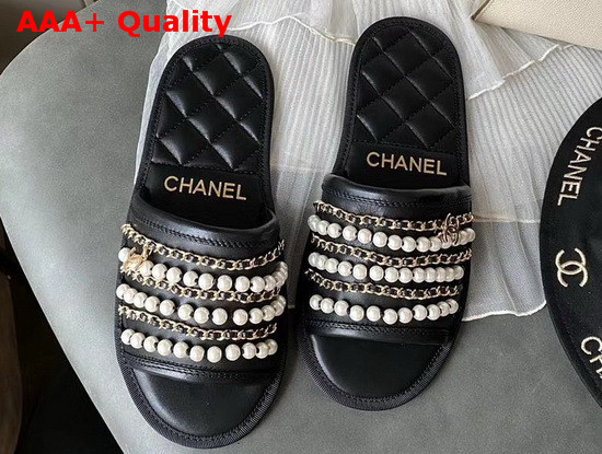 Chanel Mules Black Lambskin and Pearls Replica