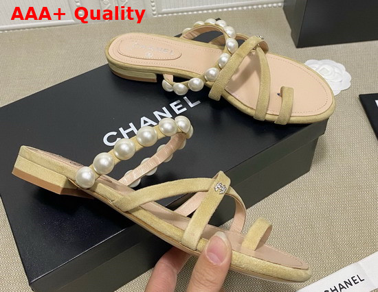 Chanel Mules Kid Suede and Pearls Beige G37274 Replica