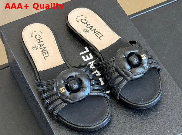 Chanel Mules in Black Lambskin with Flower Replica