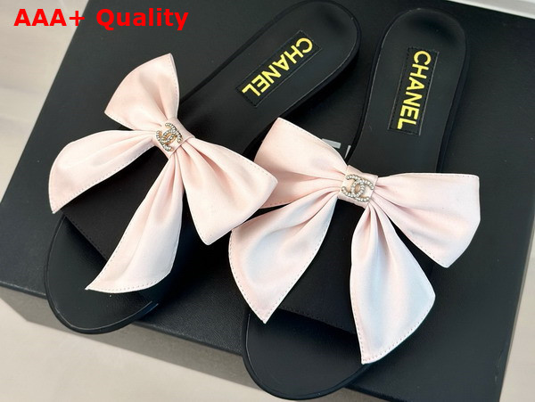 Chanel Mules in Black Satin with Pink Satin Bow Replica